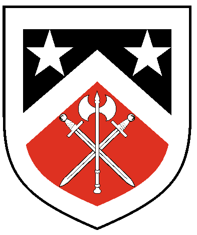[Per chevron sable and gules, a chevron between two mullets and two swords inverted in saltire surmounted by a double-headed axe, within a bordure argent	  	  ]